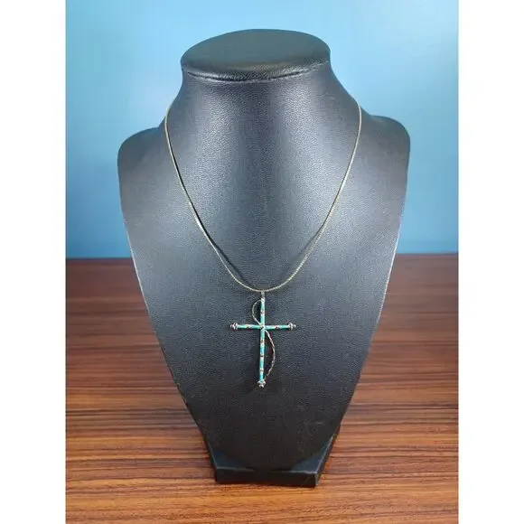 Vintage 925 Turquoise Cross & Chain Native American Southwestern Beauty Necklace - Picture 2 of 16